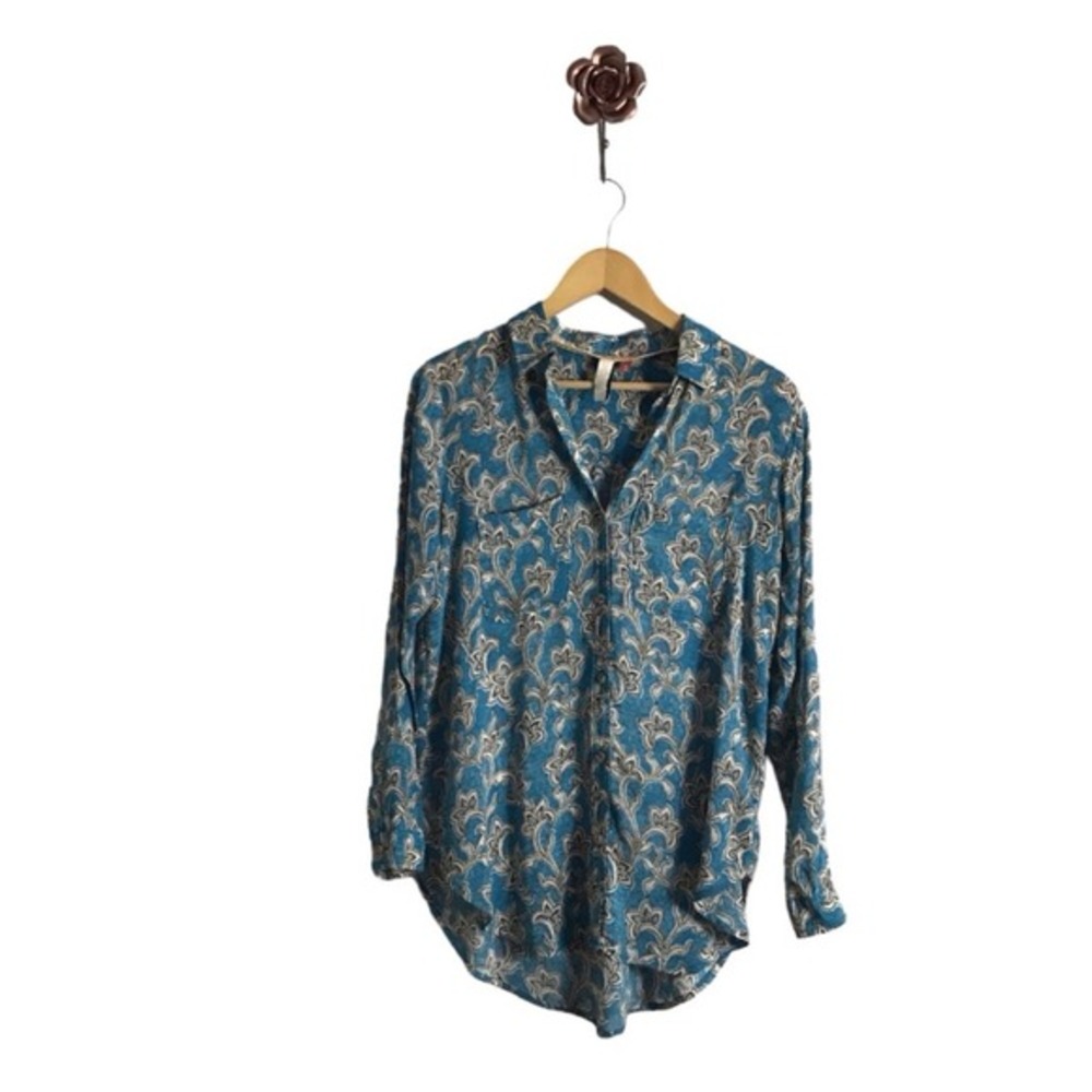 Anthropologie XS PILCRO Leilani Teal Floral Oversized Button Down Shirt‎ Pockets
